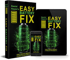 Easy Battery Fix digital manual shown on book, tablet, and phone